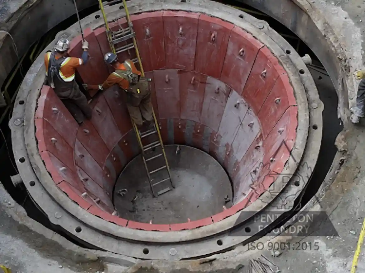 A gyratory crusher being relined with ASTM A532 Granite 25 and Tough 25 high chrome white iron liners. A gyratory crusher being relined with ASTM A532 Granite 25 and Tough 25 high chrome white iron liners.