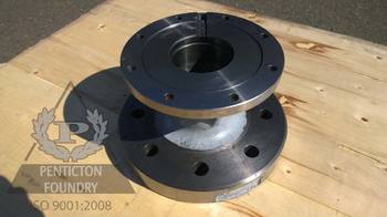 A ductile iron machined stuffing box made by Penticton Foundry. Ductile iron machined stuffing box.