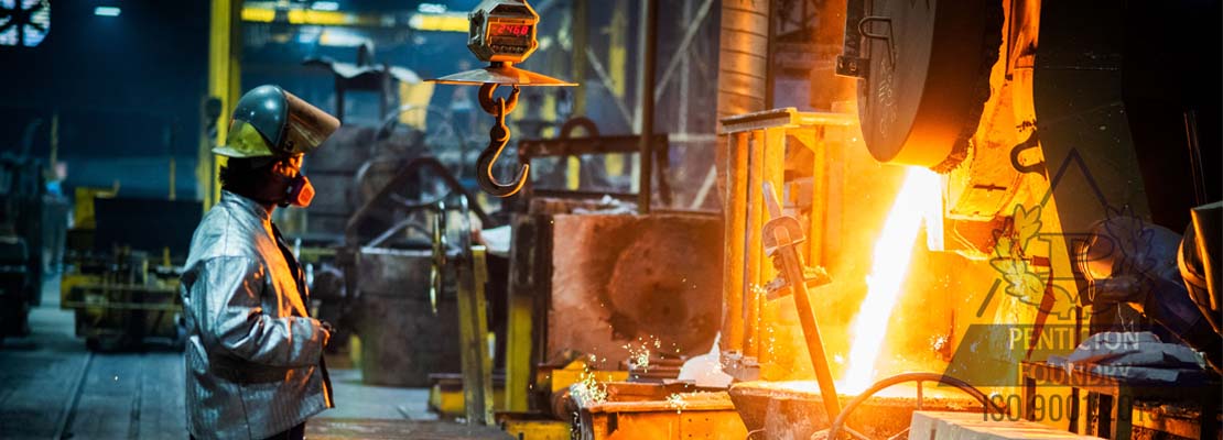 High chrome white iron, ASTM A532, being tapped from the melting furnace into a pouring ladle