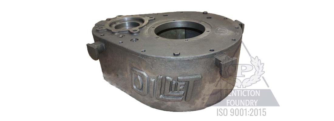 A machined, PC pump gear box and lid made from ductile iron