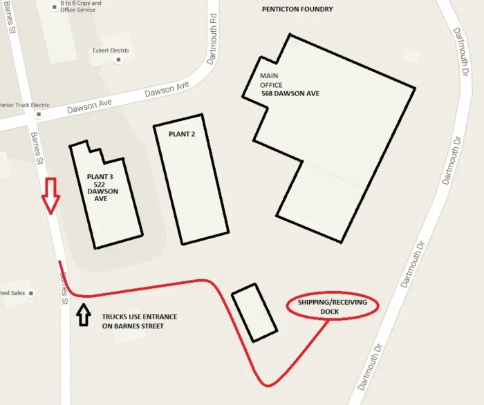 Directions for truck drivers for Penticton Foundry.