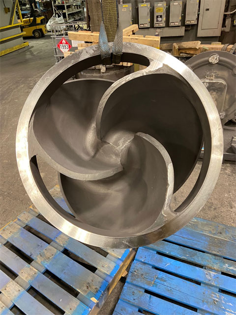 This is a high chrome white iron impeller with varying wall thicknesses.